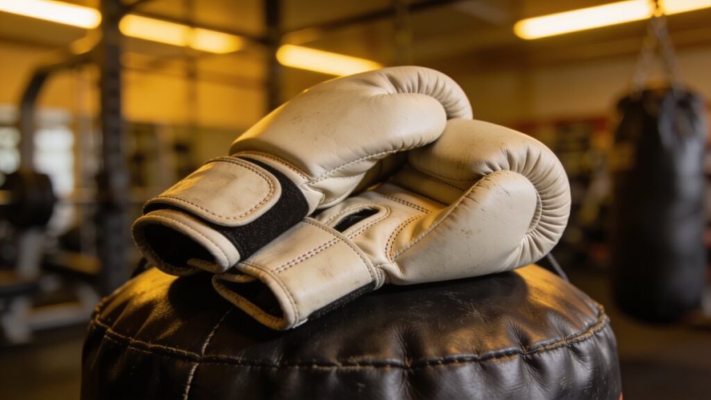 Gants de MMA posés sur un sac de frappe