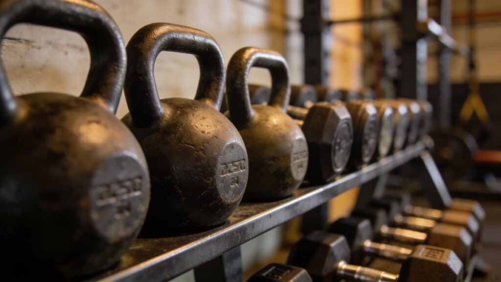 Haltères et kettlebells pour la musculation d'un combattant de MMA